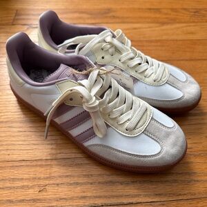 White and Purple Adidas Sambas